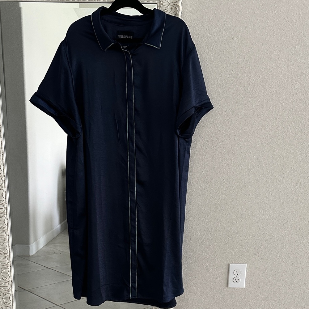 Wildfang The Empower Satin Navy Blue Button-Front Shirt Dress - Picture 2 of 8
